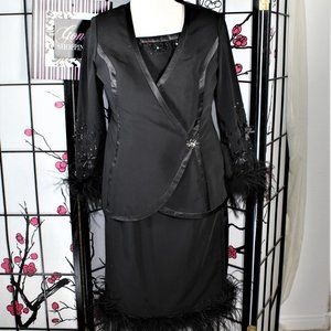 BEADED FEATHER CHURCH COCKTAIL SKIRT SUIT 16 BLACK